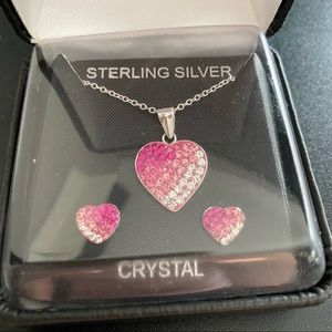 Sterling Silver Crystal Heart Necklace + Earrings